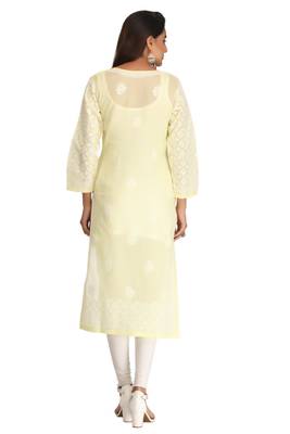 Ada Hand Embroidered Lucknow Chikankari Lemon Cotton Kurti - A227856 2