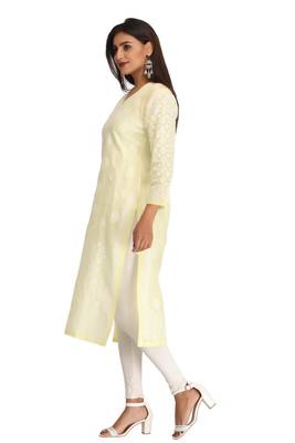 Ada Hand Embroidered Lucknow Chikankari Lemon Cotton Kurti - A227856 3