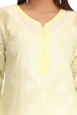 Ada Hand Embroidered Lucknow Chikankari Lemon Cotton Kurti - A227856 4