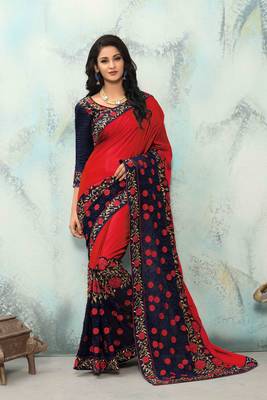 Red embroidered silk saree with blouse 1