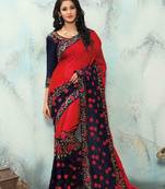 Red embroidered silk saree with blouse