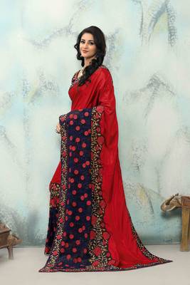 Red embroidered silk saree with blouse 2