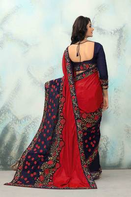 Red embroidered silk saree with blouse 3