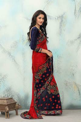 Red embroidered silk saree with blouse 4