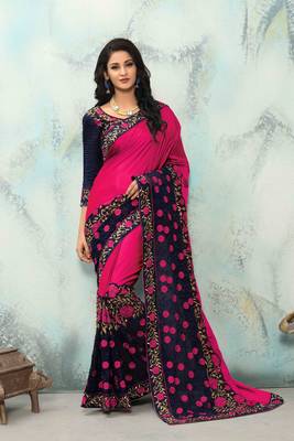 Pink embroidered silk saree with blouse 1