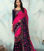 Pink embroidered silk saree with blouse