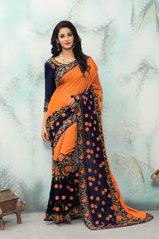 Orange embroidered silk saree with blouse