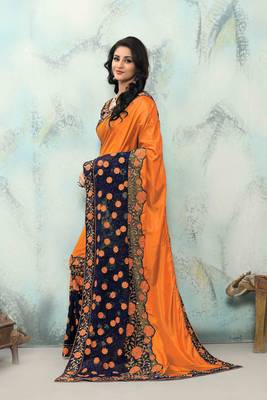 Orange embroidered silk saree with blouse 2
