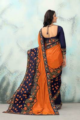 Orange embroidered silk saree with blouse 3