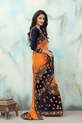Orange embroidered silk saree with blouse 4