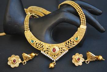 Red, green and white stone studded Long Traditional necklace set 1