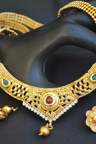 Red, green and white stone studded Long Traditional necklace set