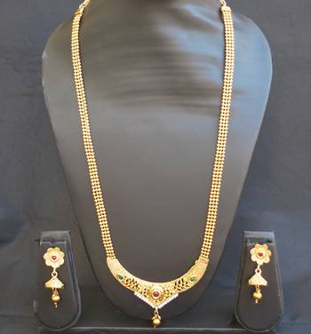 Red, green and white stone studded Long Traditional necklace set 2