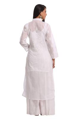 Ada Hand Crafted White Cotton Lucknowi Chikankari Indian Women Kurta - A230732 2