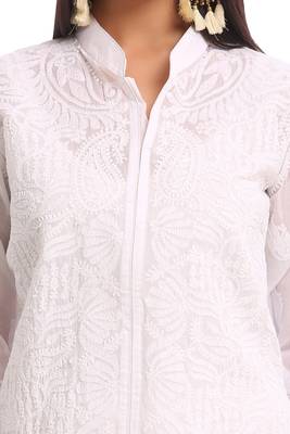 Ada Hand Crafted White Cotton Lucknowi Chikankari Indian Women Kurta - A230732 3