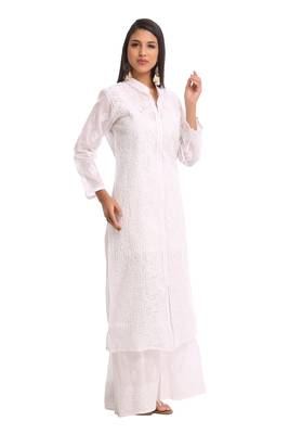 Ada Hand Crafted White Cotton Lucknowi Chikankari Indian Women Kurta - A230732 4