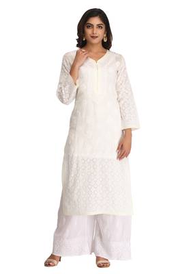 Lemon Embroidered Cotton Chikankari Kurti 1