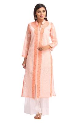 Peach Embroidered Cotton Chikankari Kurti 1