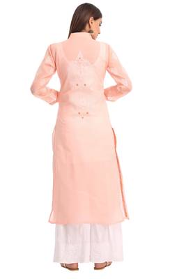 Peach Embroidered Cotton Chikankari Kurti 2