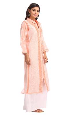 Peach Embroidered Cotton Chikankari Kurti 3
