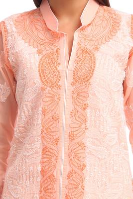 Peach Embroidered Cotton Chikankari Kurti 4