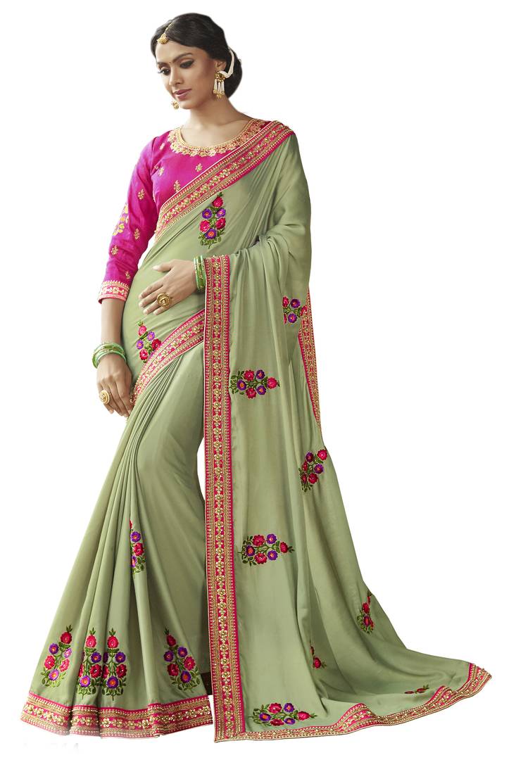 Light green embroidered saree with blouse Ankit Fashions