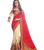 Beige embroidered silk saree with blouse