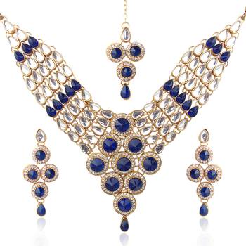 Ethnic Indian Jewelry Bollywood Deep Blue Bridal Kundan Like Necklace Set b156 1