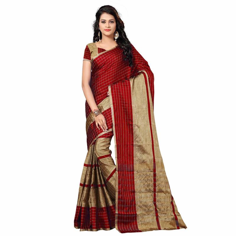 Red printed cotton silk saree with blouse