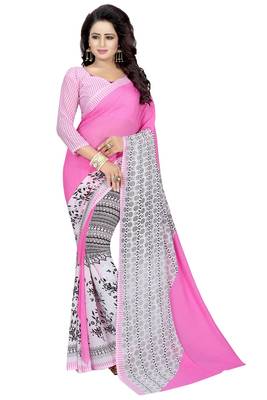 Pink printed faux georgette saree with blouse 1