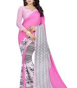 Pink printed faux georgette saree with blouse