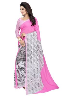 Pink printed faux georgette saree with blouse 2