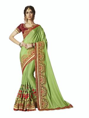Parrot green embroidered silk saree with blouse 1