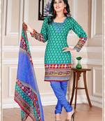 Turquoise Colored American Crepe Printed Un-Stitched Dress Material