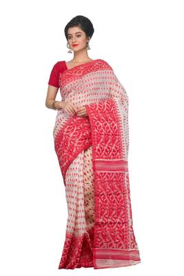 White & Red Dhakai Jamdani Saree 1