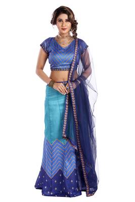 Blue printed art silk unstitched lehenga 1