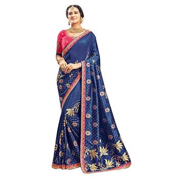 Dark blue printed dupion silk saree with blouse 1