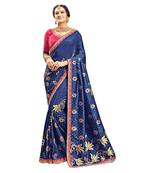 Dark blue printed dupion silk saree with blouse
