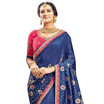 Dark blue printed dupion silk saree with blouse 2