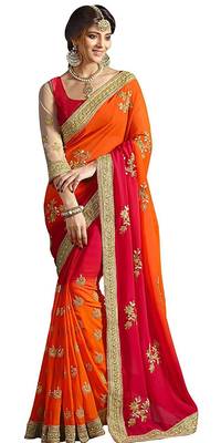 orange embroidered fancy fabric saree with blouse 1