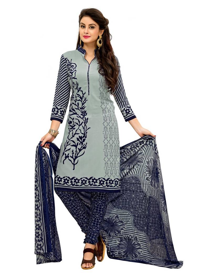 Grey & Navy Blue Printed Synthetic Unstitched Salwar Suit Dress Material