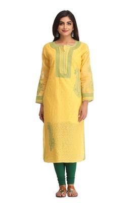 Ada Yellow Hand Embroidered Trendy Cotton Chikankari Women Kurti - A237487 1