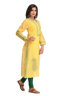 Ada Yellow Hand Embroidered Trendy Cotton Chikankari Women Kurti - A237487 3