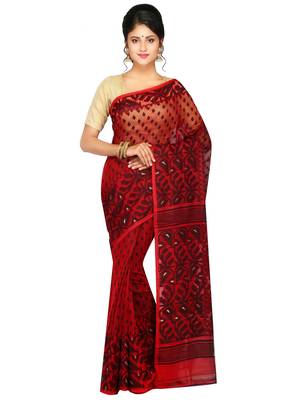 Women'S Dhakai Jamdani Saree In Muslin(Red & Black) 1