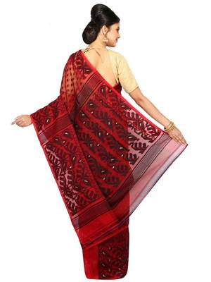 Women'S Dhakai Jamdani Saree In Muslin(Red & Black) 5