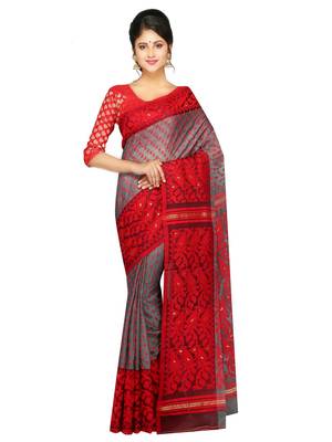 Women'S Dhakai Jamdani Saree Of Bengal In Muslin (Grey & Red) 1
