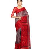 Women'S Dhakai Jamdani Saree Of Bengal In Muslin (Grey & Red)