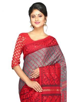 Women'S Dhakai Jamdani Saree Of Bengal In Muslin (Grey & Red) 3