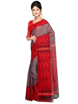 Women'S Dhakai Jamdani Saree Of Bengal In Muslin (Grey & Red) 4