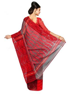 Women'S Dhakai Jamdani Saree Of Bengal In Muslin (Grey & Red) 5